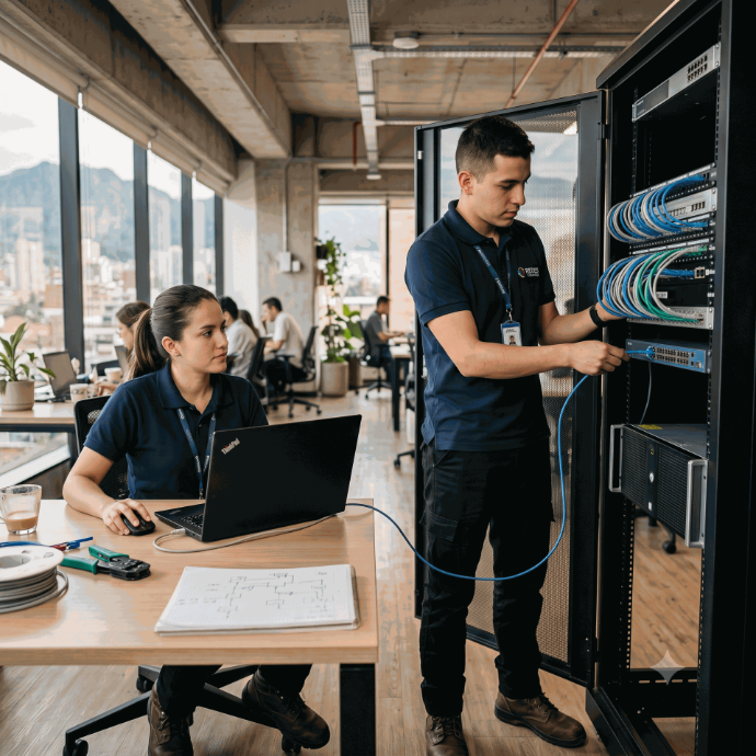 Estudiantes de telecomunicaciones en Alitic realizando mantenimiento de hardware en servidores y soporte técnico de software