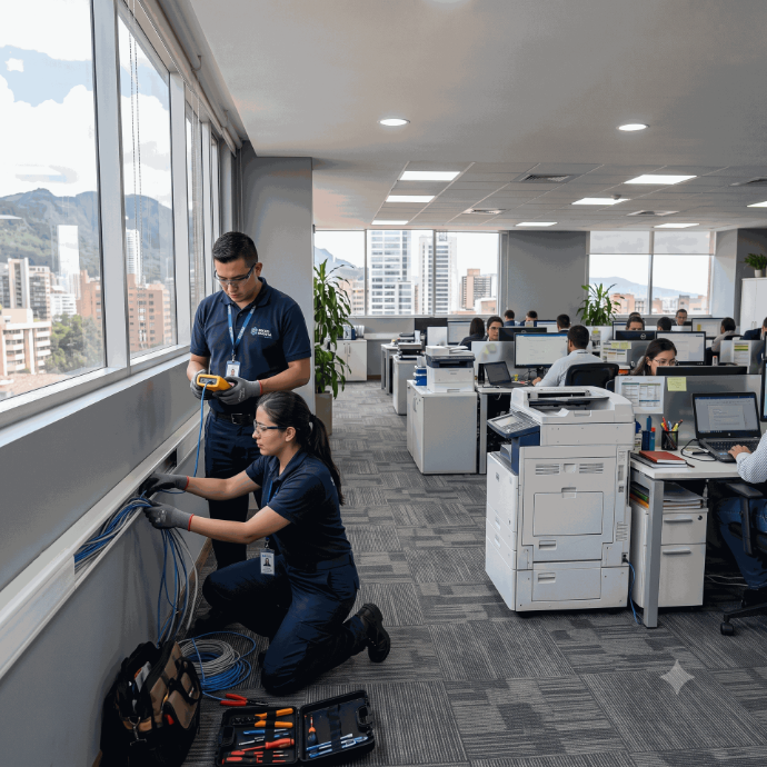 Técnicos de Alitic solucionando problemas de conectividad e instalando redes de información en un cuarto de servidores
