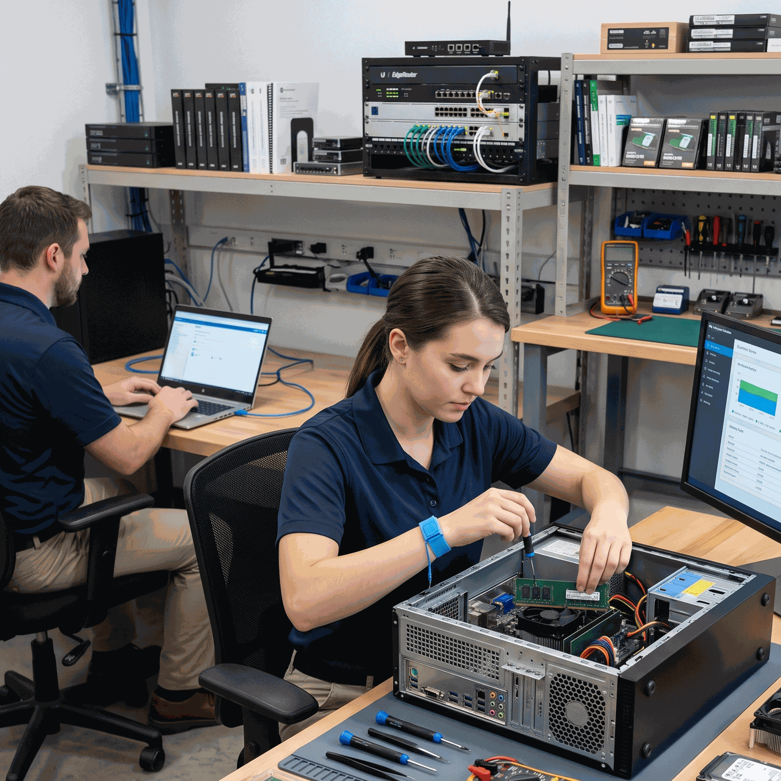 Diplomado en conectividad inteligente de Alitic con especialista instalando memoria RAM y equipos de red