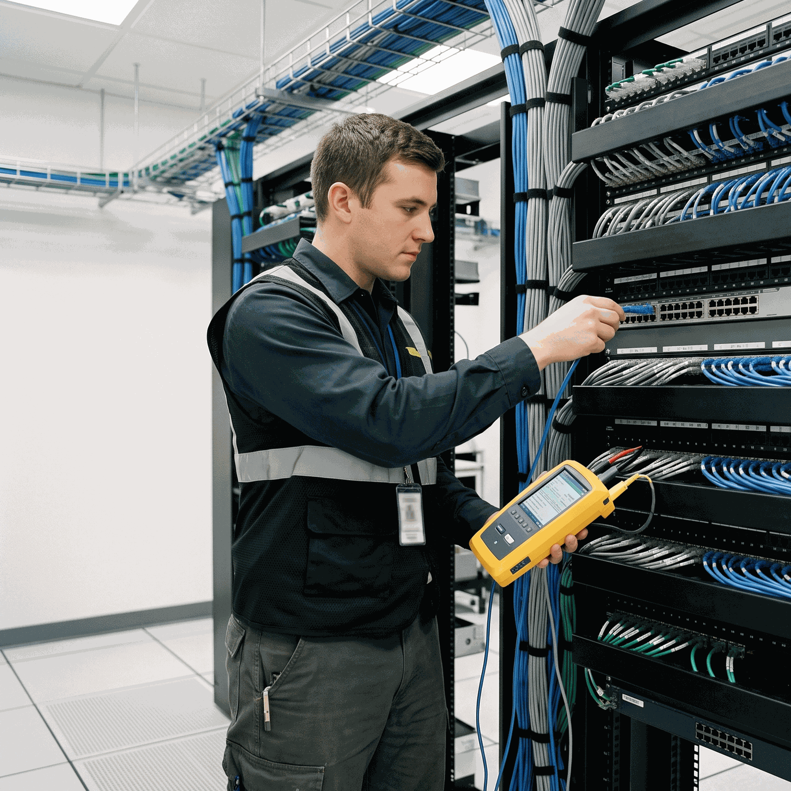 Diplomado en mantenimiento predictivo de Alitic con especialista evaluando infraestructura de hardware y cableado estructurado