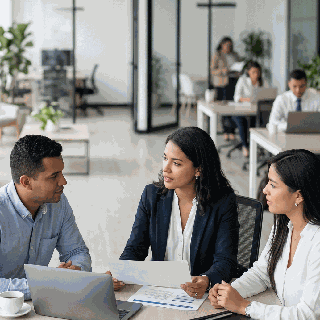 Equipo de gestión de talento humano de Alitic reuniéndose en oficina corporativa para debatir estrategias éticas
