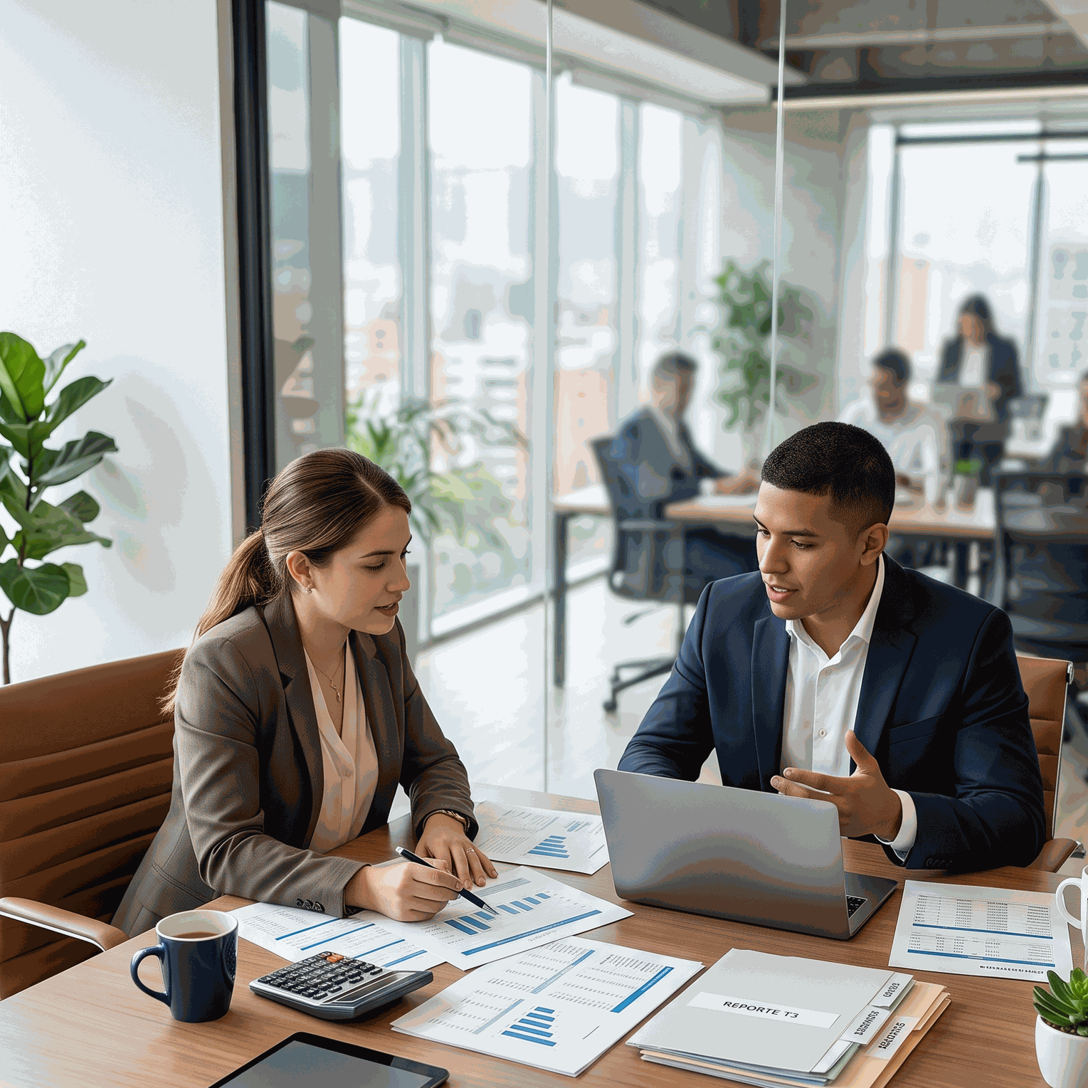 Asesores de Alitic analizando gráficos financieros y soluciones contables con laptop en oficina