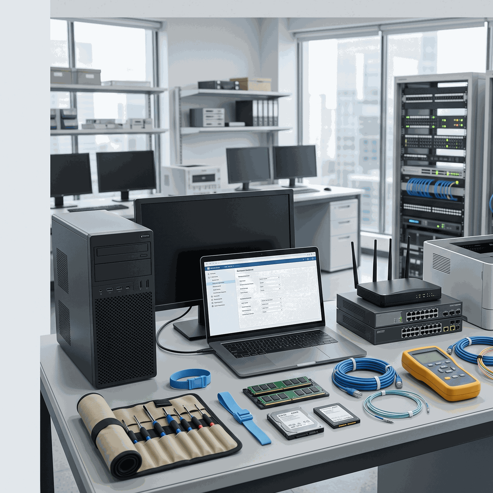 Diplomado en arquitectura de soluciones de Alitic con kit de herramientas de precisión, memorias y servidores en laboratorio