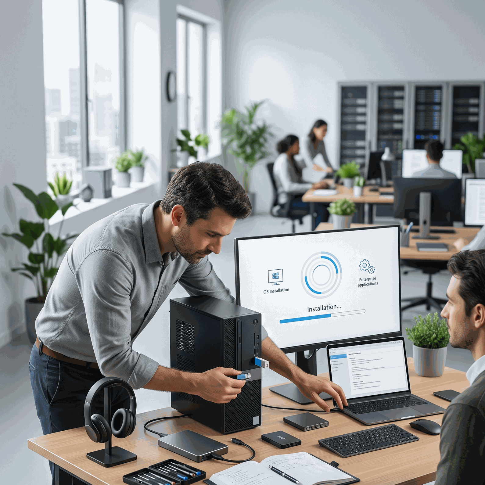 Diplomado en programación de Alitic con profesional conectando dispositivos y analizando sistemas en laboratorio moderno